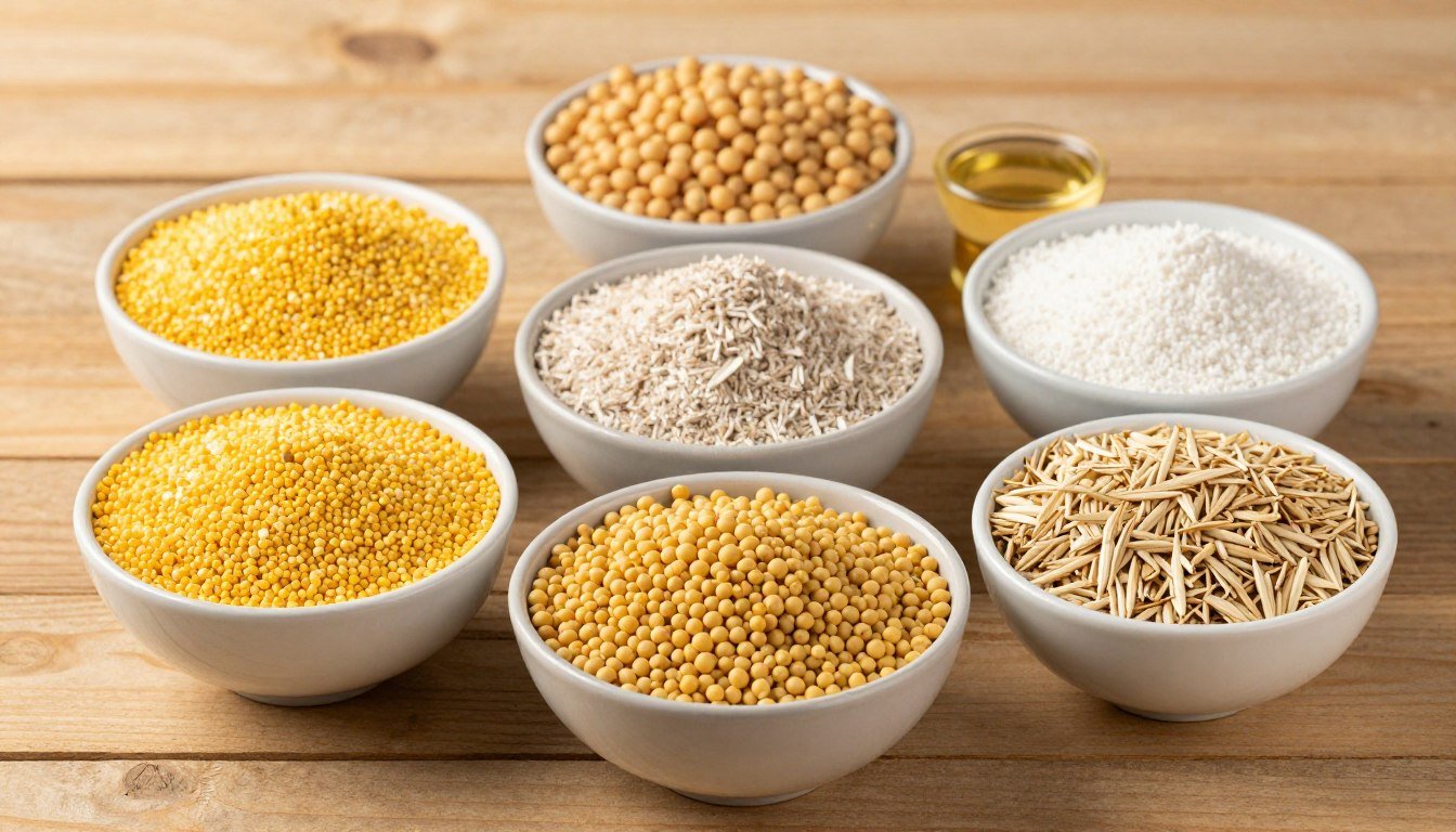 Various raw feed ingredients in bowls Various raw feed ingredients in bowls