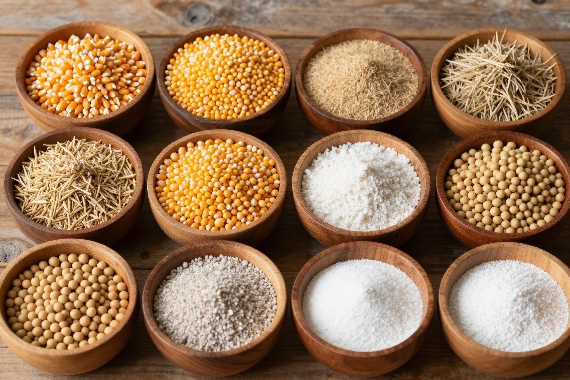 Various raw materials for animal feed including corn, soybeans, and supplements