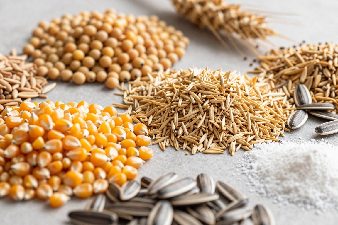 Various raw materials used in feed pellet production
