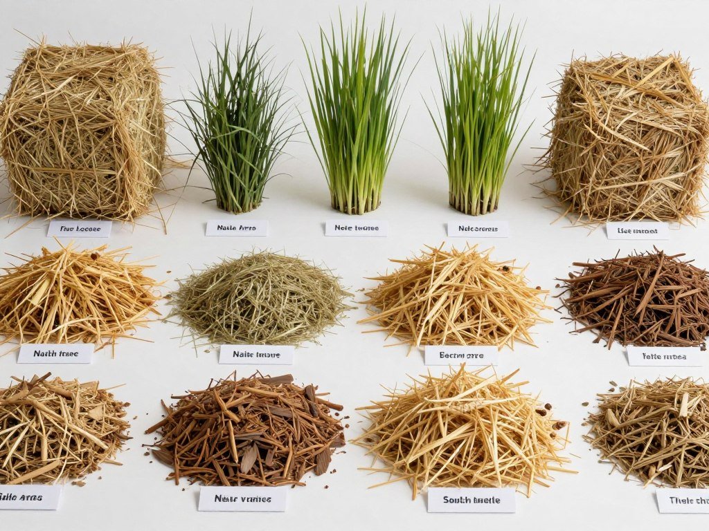 Various roughage materials suitable for pellet production including lucerne, grass, and crop residues