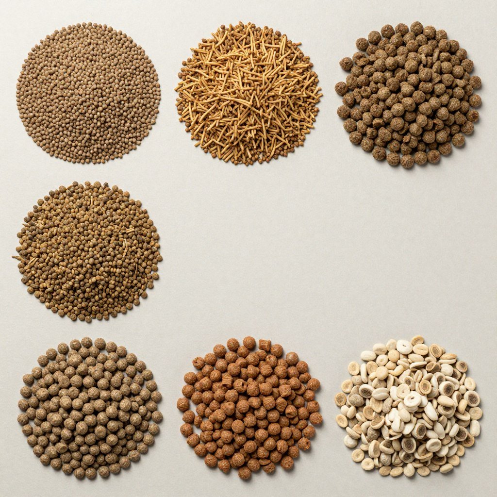 Various types of specialized feed pellets for different livestock