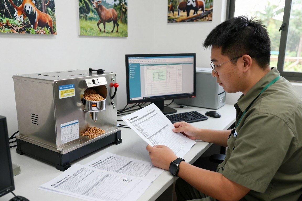Wildlife manager reviewing feed pellet machine documentation and specifications