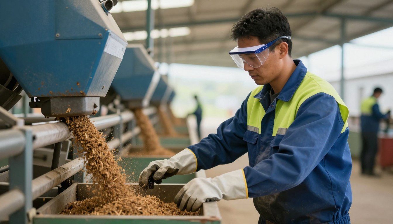 Worker wearing safety equipment while operating feed pellet machine