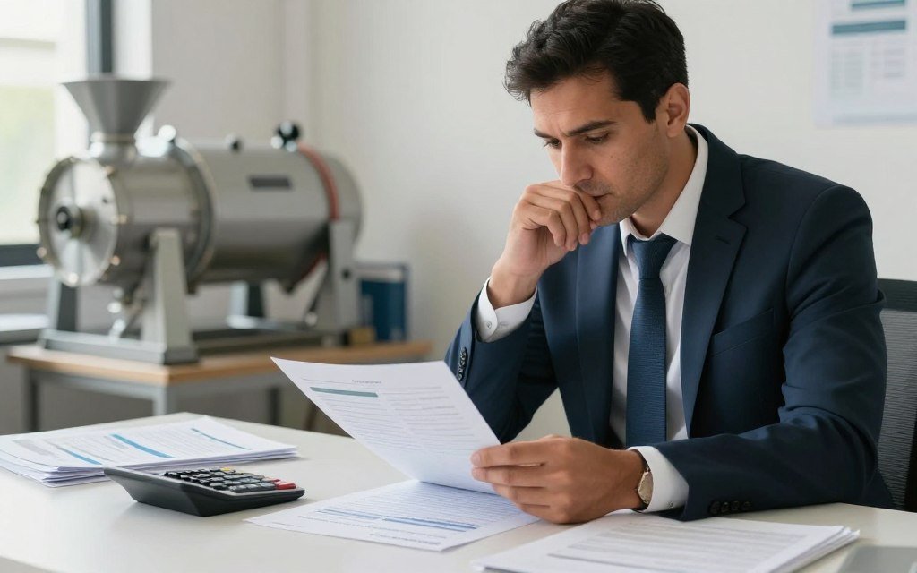 Businessman evaluating pelletizer purchase decision with financial documents Businessman evaluating pelletizer purchase decision with financial documents