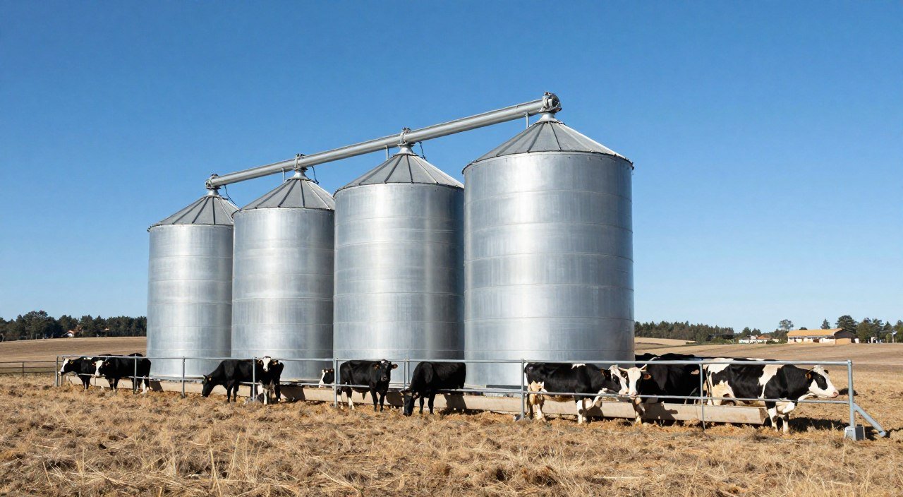 Cattle farm in North West province with pellet storage silos Cattle farm in North West province with pellet storage silos