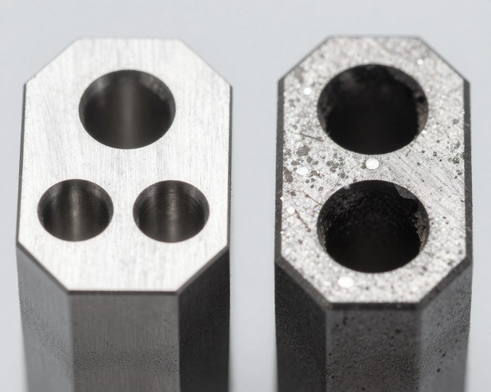 Close-up comparison of new versus worn pelletizer die showing hole degradation Close-up comparison of new versus worn pelletizer die showing hole degradation