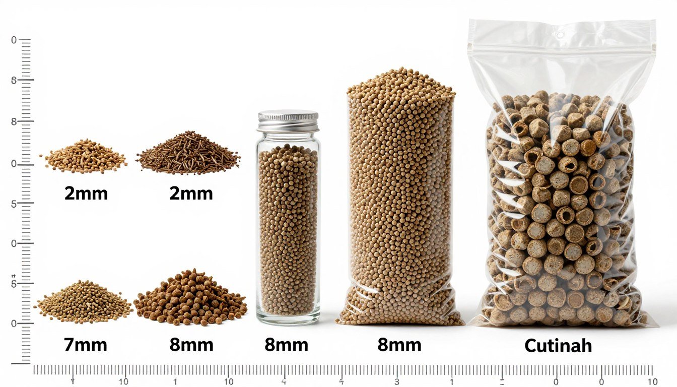 Comparison of different pellet sizes for various livestock types arranged on display Comparison of different pellet sizes for various livestock types arranged on display