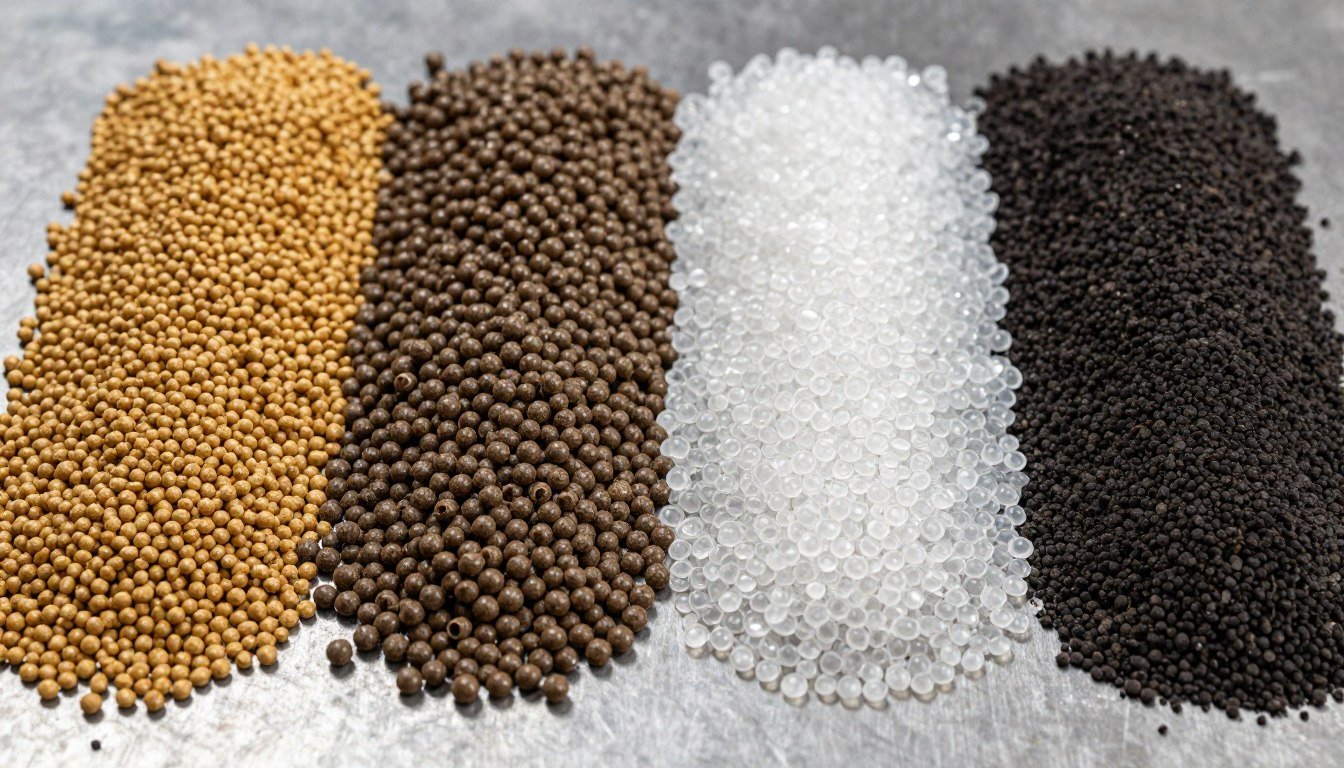 Comparison of different pellet types including feed pellets, wood pellets, plastic pellets and fertilizer pellets arranged on industrial surface