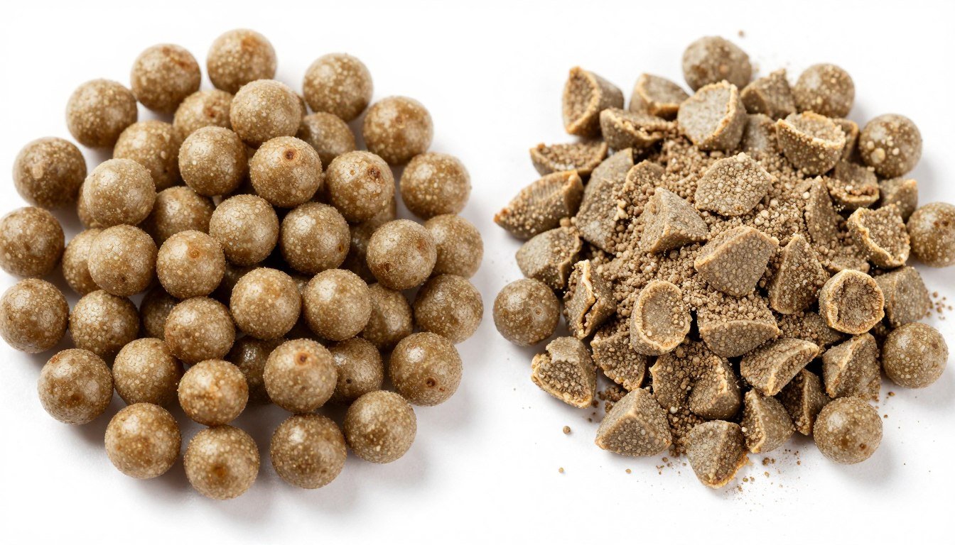 Comparison of high quality versus low quality feed pellets showing durability differences