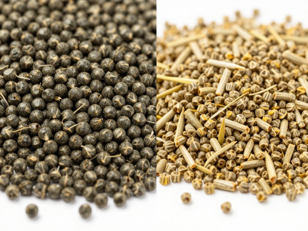 Comparison of lucerne and grass hay pellets showing different densities and colors Comparison of lucerne and grass hay pellets showing different densities and colors