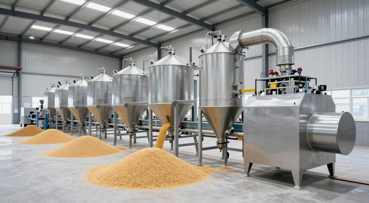 Complete feed pellet production line layout showing all equipment components Complete feed pellet production line layout showing all equipment components