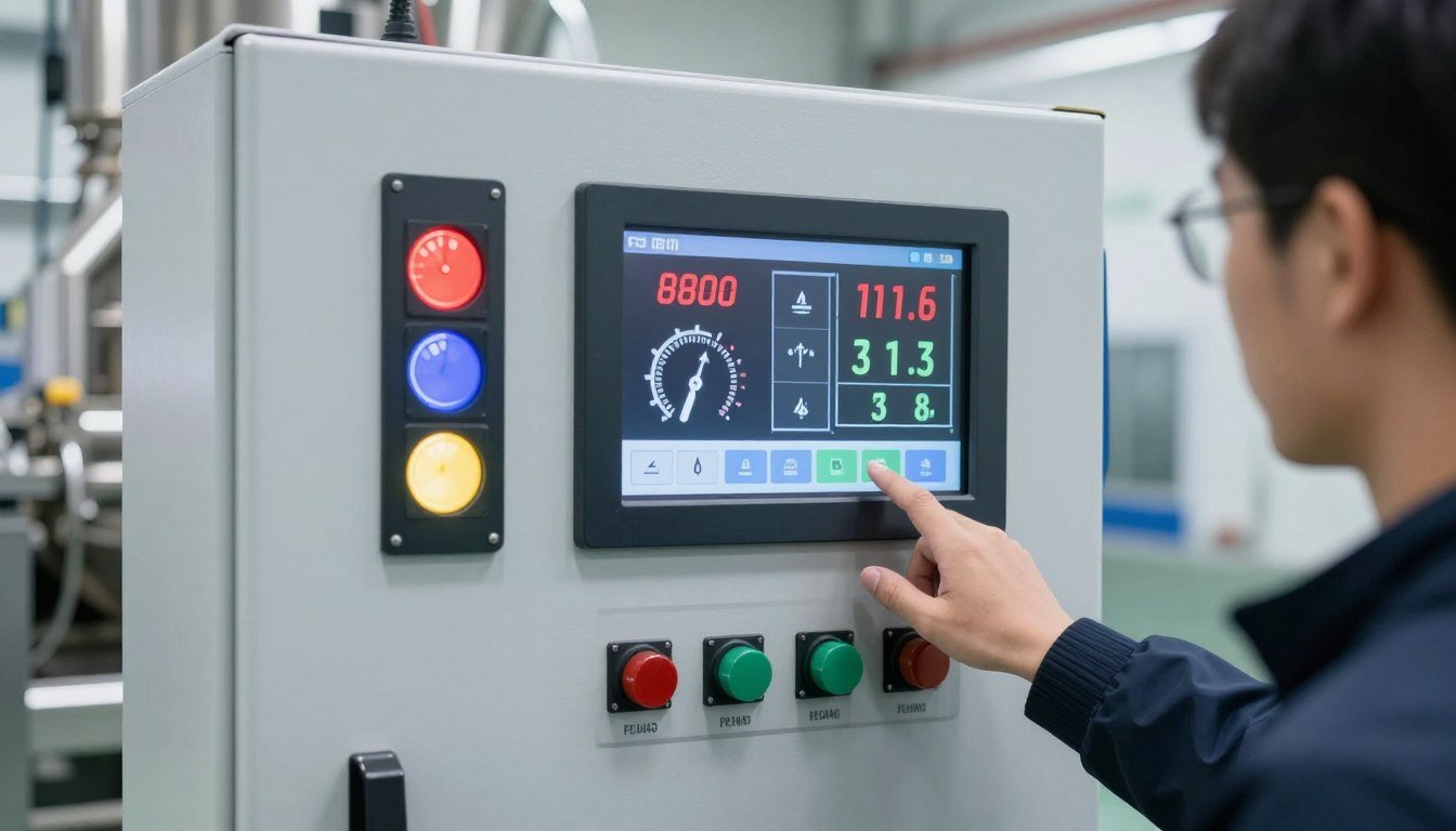 Control panel showing pelletizer operational parameters and monitoring systems Control panel showing pelletizer operational parameters and monitoring systems