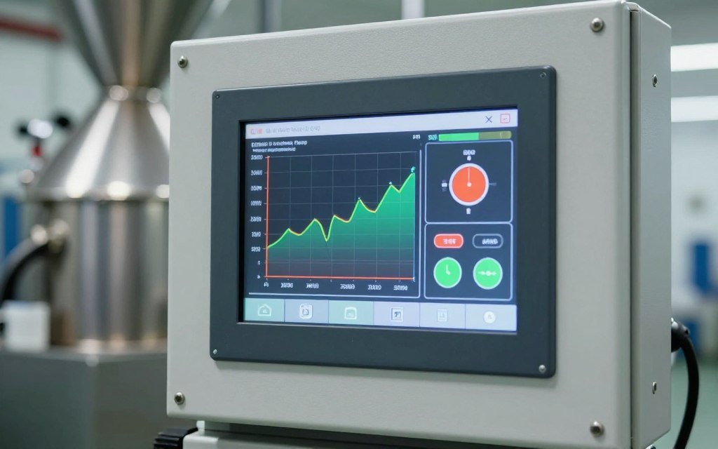Energy monitoring display on pelletizer control panel showing consumption data Energy monitoring display on pelletizer control panel showing consumption data