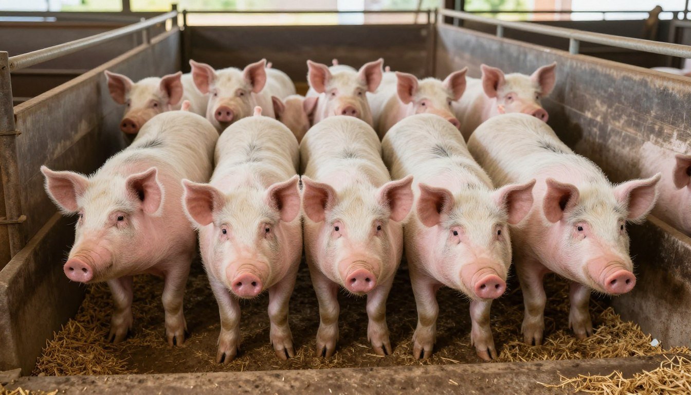 Group of uniformly-sized market-weight pigs raised on pelleted feed showing consistent growth Group of uniformly-sized market-weight pigs raised on pelleted feed showing consistent growth