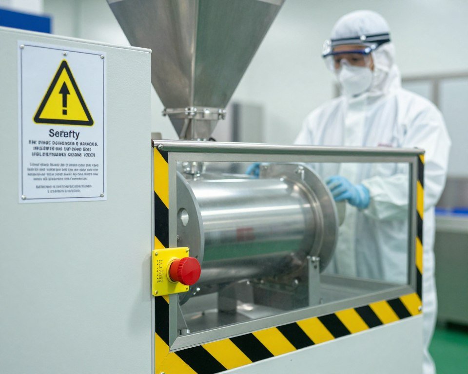 Industrial safety signage and emergency stop button on pelletizer machine showing safety protocols