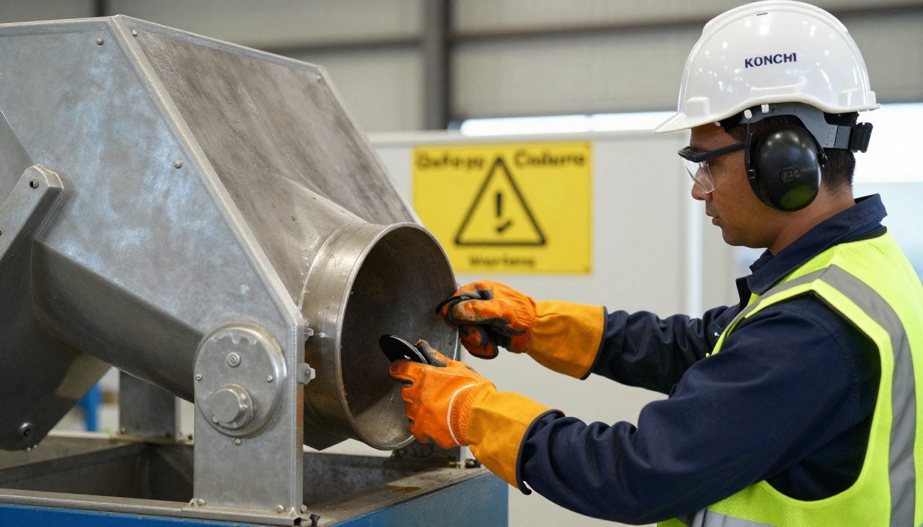 Industrial safety signage and protective equipment for pelletizer machine operation Industrial safety signage and protective equipment for pelletizer machine operation
