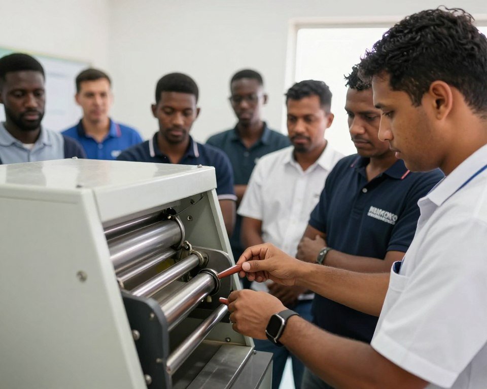 MAIKONG training session showing technician instructing operators on pelletizer maintenance MAIKONG training session showing technician instructing operators on pelletizer maintenance