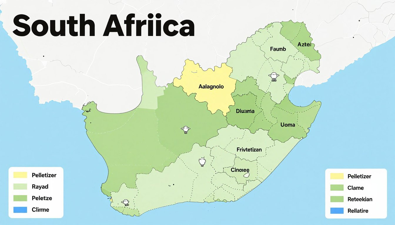 Map of South Africa showing major sheep farming regions and pelletizer installations Map of South Africa showing major sheep farming regions and pelletizer installations
