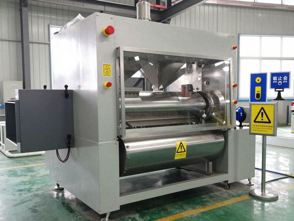 Pelletizer safety features including emergency stops guards and warning signs Pelletizer safety features including emergency stops guards and warning signs