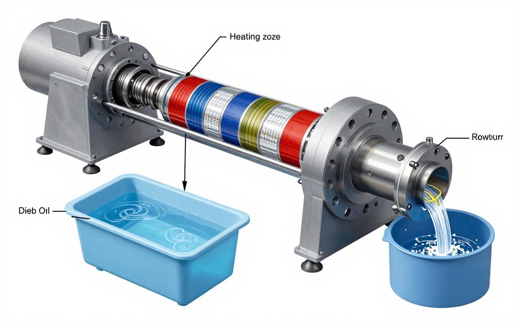 Plastic pelletizer machine showing extrusion and cutting mechanism Plastic pelletizer machine showing extrusion and cutting mechanism
