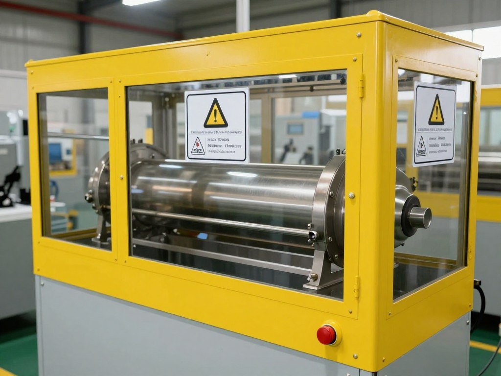 Safety guards and emergency stop buttons on industrial pelletizer machine Safety guards and emergency stop buttons on industrial pelletizer machine