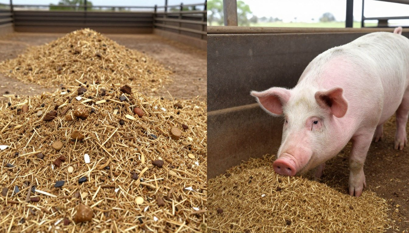 Side-by-side comparison showing mash feed waste versus minimal pellet waste in pig feeding system Side-by-side comparison showing mash feed waste versus minimal pellet waste in pig feeding system