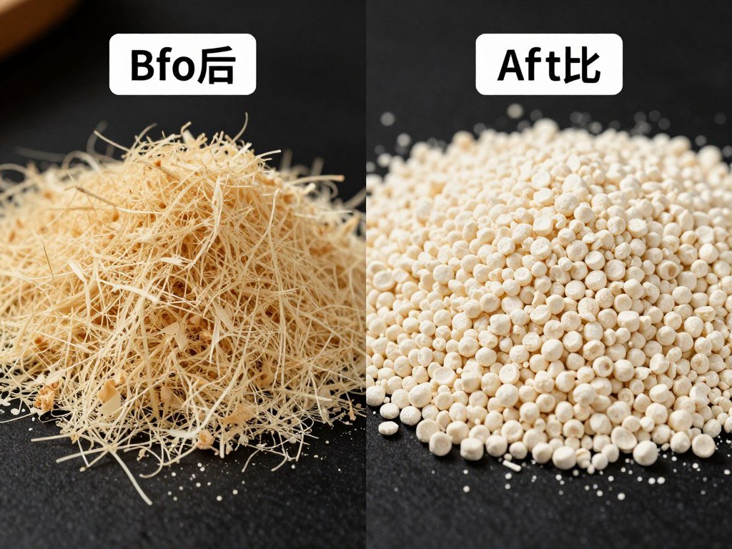 Sugarcane pith material before and after pelletizing process Sugarcane pith material before and after pelletizing process
