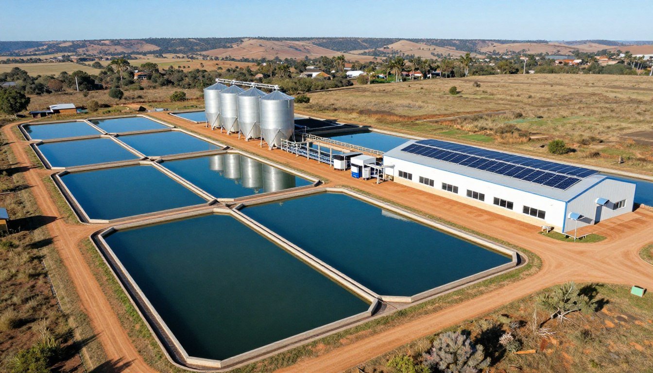 Tilapia fish farm in Limpopo showing production ponds and feed pellet storage facility