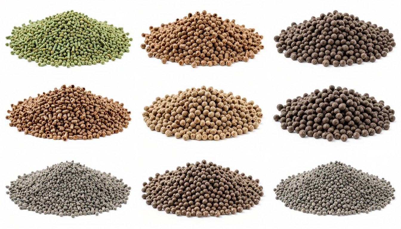 Various pellet types showing feed wood biomass and fertilizer applications Various pellet types showing feed wood biomass and fertilizer applications